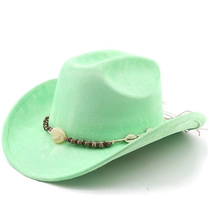 Detail of mint green suede cowboy hat featuring tribal bead and seashell hatband