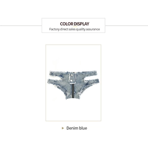 Detailansicht der Jeans-Hotpants in Denimblau mit ausgefransten Kanten und Metall-Reißverschluss