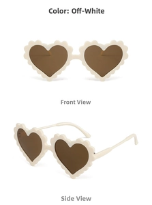 Detail view of cream heart-shaped sunglasses with scallop edges in front and side angles