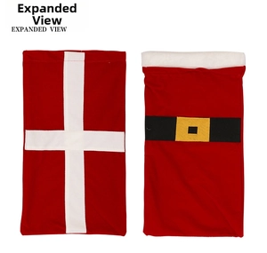 Detailed flat lay of Santa style Christmas gift bags with black belt and yellow buckle