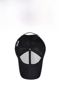 Internal detail of men's black baseball cap featuring breathable mesh and wash label