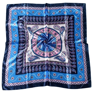 Blue and pink paisley pattern square satin silk scarf with elegant geometric design