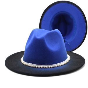 Two-tone royal blue and black wool fedora hat with white pearl band decoration