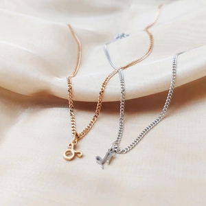 Detailed view of dainty gold and silver chain necklaces with letter r pendants on silk