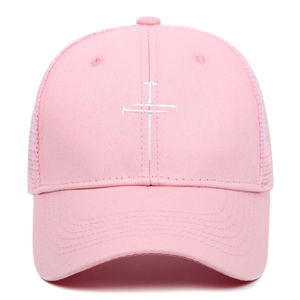 Close-up of pink trucker hat featuring white nail cross embroidery and breathable mesh back