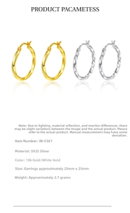 Detailed view of S925 sterling silver hoop earrings in gold and silver with 25mm diameter