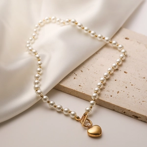 Minimalist Heart Pendant Artificial Pearl Necklace Titanium Steel Real Gold Plated Elegant OT Clasp Jewelry Women