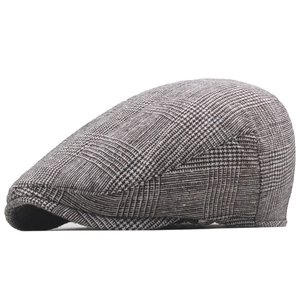 Classic British plaid flat cap for men with stylish black and grey checkered pattern