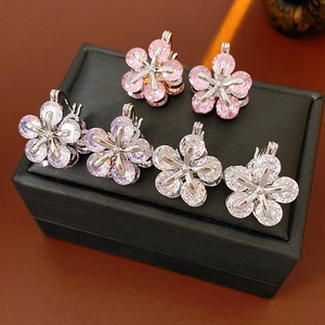 Vue macro détaillée de six paires de boucles d'oreilles fleurs élégantes en zircon en boîte