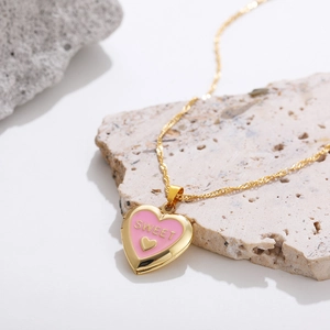 Gold stainless steel water wave chain with pink enamel heart locket pendant