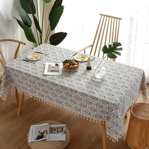 Blue paisley cotton linen tablecloth with elegant tassels for rectangular dining tables