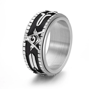 Rotating stainless steel Masonic ring with black finish and silver G emblem