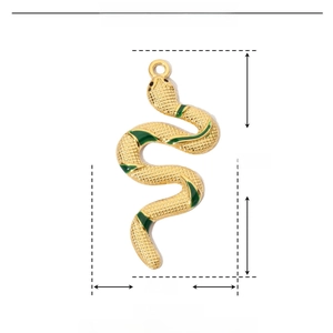 Detailed view of green enamel snake pendant with 41mm height and 19mm width dimensions