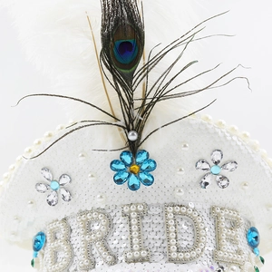 White sequin BRIDE captain hat with feathers, rhinestones and pearls for wedding parties