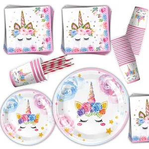 Unicorn party tableware set with paper plates, cups, napkins and straws for kids birthday