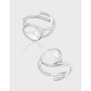 S925 sterling silver minimalist open rings with oval translucent natural crystals