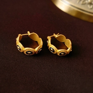 Boucles D'oreilles Créoles Géométriques Vintage Alliage Émail Or Noir Style Français Rétro Bijoux Femmes Avec Tige En Acier