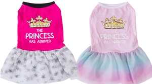 Detail of dog tutu dress featuring crown print and three-layer mesh star rainbow skirt