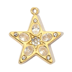 Macro view of gold pentagram pendant with clear zircon inlay and metallic luster