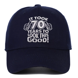 Navy blue 70th birthday gift baseball cap featuring white embroidered funny slogan