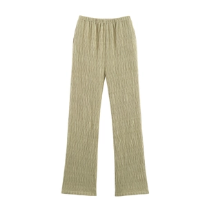 Women's autumn textured long sleeve top and pants set in khaki green with high waist