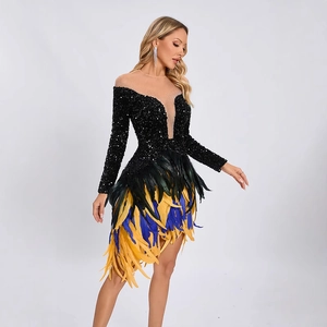 Elegant black sequin long-sleeve dress with colorful feather patchwork and V-neckline