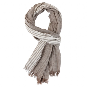 Men's navy blue and brown striped casual scarf with pleated texture and tassel ends
