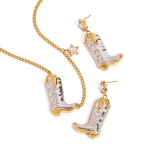 18k gold stainless steel jewelry set featuring cowboy boot pendants with star crystals