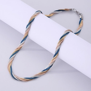 Three-tone twisted snake chain necklace in gold, silver, and blue with lobster clasp