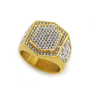 Luxurious gold-plated stainless steel hexagon signet ring for men with pave-set zircons