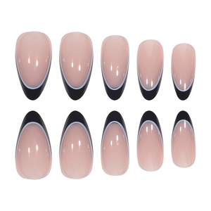 Minimalist black and white French almond press-on nails with sleek gel finish and line art