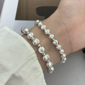 S925 sterling silver cat eye bead bracelet with polished and brushed texture for women