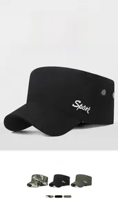Detail view of camouflage and solid flat top tactical caps with Sport metal emblem