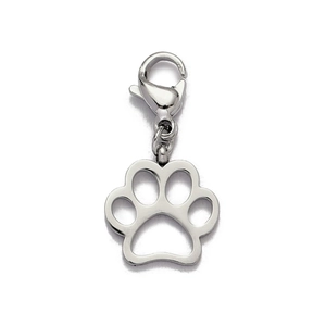 Silver stainless steel hollow paw print charm pendant with lobster clasp detail
