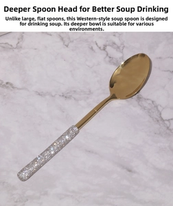 Detail of golden 304 stainless steel soup spoon with sparkling crystal handle inlay