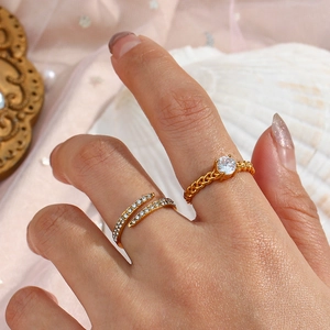 Minimalist 18k gold plated zircon open ring with braided band for women