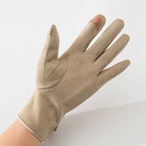 Women's warm suede winter gloves in beige with touchscreen finger opening for outdoor use