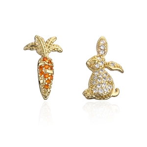 Asymmetric 18K gold plated rabbit and carrot stud earrings with sparkling cubic zirconia