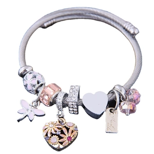 Silver beaded bracelet with pink butterfly, heart charms and swan pendant for women