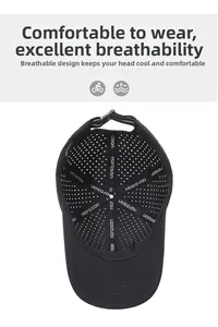 Detail of breathable laser-cut holes and adjustable buckle on black quick-dry cap