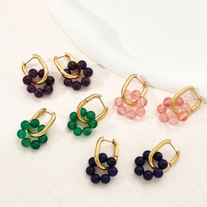 Stainless Steel Natural Stone Hoop Earrings 14K Gold Plated Flower Bead Charm Dangle Jewelry For Women