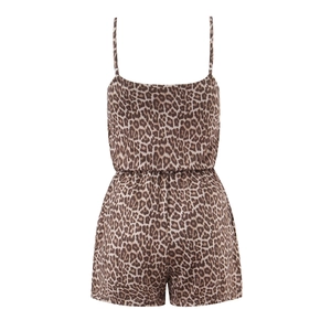 Women's vintage leopard print romper with adjustable spaghetti straps and elastic waist