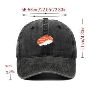 Detailed size guide for washed denim baseball cap with salmon sushi embroidery