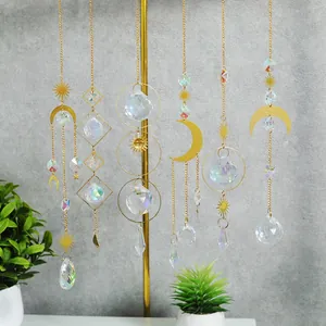 Set of six gold suncatchers with crystal prisms and moon sun metal frames for garden decor