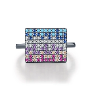 S925 sterling silver square ring featuring colorful multi-row gradient gemstones