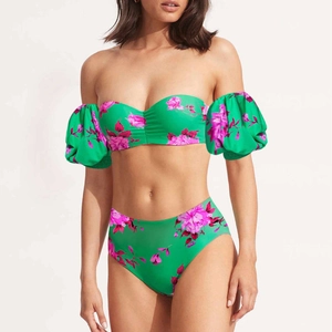 Women Floral Print Bandeau Bikini Top And Bottoms With Puff Sleeves And Matching Sarong Wrap Skirt Beach Vacation Swimwear