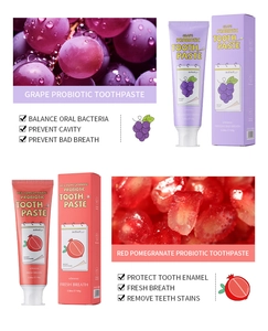 Detalle de pasta dental probiótica KORMESIC con sabores de uva y granada roja fresca