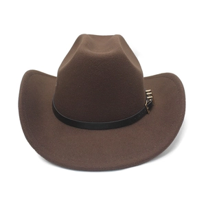 Detail view of brown felt cowboy hat with black leather belt and gold buckle