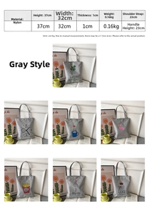 Detailed size chart for the grey nylon tote bag showing dimensions and specifications