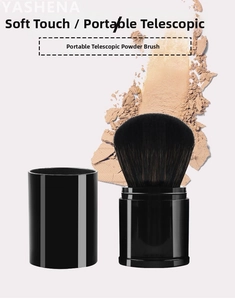 Detail of retractable large powder brush with soft bristles and protective black case